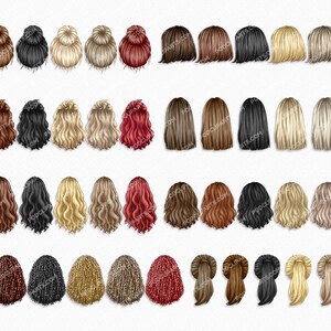May include: A set of 40 digital illustrations of different hairstyles for women. The hairstyles are all in various shades of brown, blonde, black, red, and gold. The hairstyles are all in a back view.