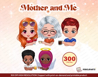 Chibi Mother Daughter and son clipart PNG, Cute Like Mother Like Daughters Clipart, family clipart, Mother's day, grandmother PNG - CA326