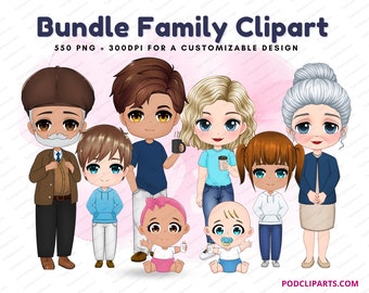 Bundle Family Chibi Cute Clipart, Custom Family Portrait, Mom Dad Daughter Son Newborn, Grandparent, Elderly, Family Reunion PNG - CA119