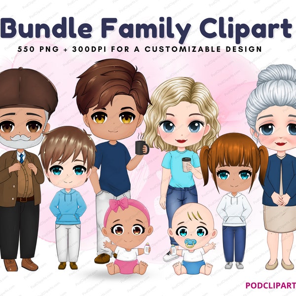 Bundle famille Chibi mignon Clipart, Portrait de famille personnalisé, maman papa fille fils nouveau-né, grand-parent, personnes âgées, réunion de famille PNG - CA119