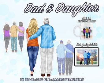 Clipart taty i córki, Clipart z okazji Dnia Ojca, Clipart córki, Clipart rodzinny, Niestandardowa rodzina png, Dzień Ojca PNG, Clipart taty - CA93