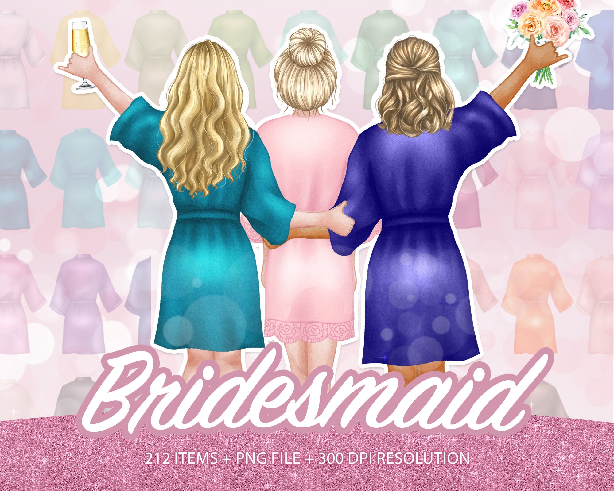Bride And Bridesmaid Clipart, Bridesmaid Clipart Navy, Bridesmaid Proposal Gift, Wedding Clipart PNG,Robes Bridesmaids Clip Art Digital-CA48