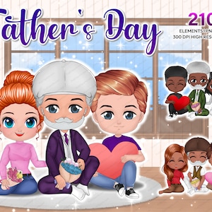 Cute Chibi Father and Daughter Son Clipart PNG, Dad, girl, boy Watercolor Clipart, Father’s Day Clipart, Illustration Instant Download CA307