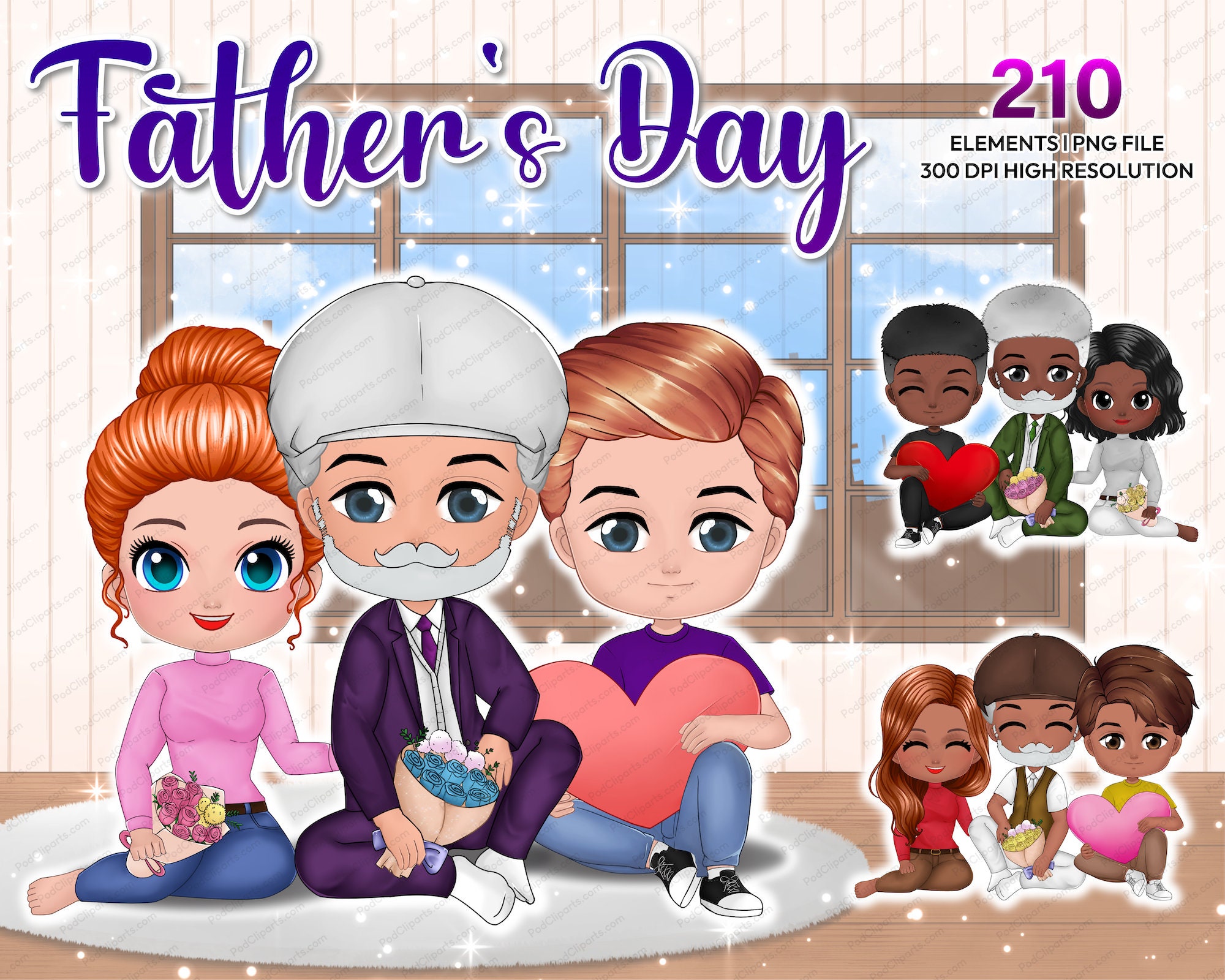 Cute Chibi Father and Daughter Son Clipart PNG, Dad, girl, boy Watercolor Clipart, Father’s Day Clipart, Illustration Instant Download CA307