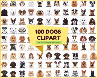 May include: A collection of 100 cartoon dog illustrations. Each dog is depicted with a different breed and expression, looking out from behind a white banner with the text "100 DOGS CLIPART" and "BIG VALUE CARTOON PREMIUM PNG".