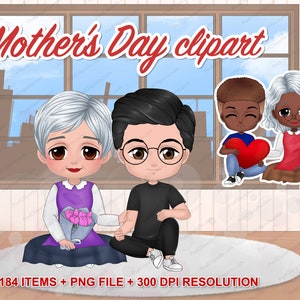 Chibi Mother and Son sitting clipart, Mother&#39;s day cute clipart, Like Mother Like son, single mom and me Design Personalized PNG - CA248