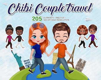 Cute Chibi Travel partner clipart PNG, Best friend clipart, Outdoor Travel clipart PNG, Customizable clipart for Valentine Day - CA253