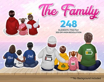 Niestandardowy kaptur rodzinny portret Clipart PNG Figury, Tata Mama Dzieci, Clipart Rodzina, Dzieci clipart, Dostosowywalna osobista rodzina - CA282