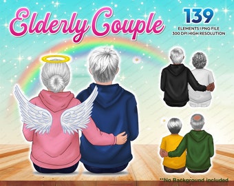 Elderly couple Autumn Clipart PNG, Grandpa and Grandma Christmas Clipart, Old Man and Granny Old family Custom Portrait - CA293