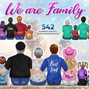 Bundle Family clipart with baby PNG, Sitting portrait Summer family clipart, women men boy baby grandma and pa customizable files - CA302