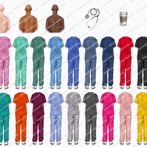 May include: A set of 24 medical scrubs in a variety of colours, including white, pink, teal, blue, red, black, purple, orange, maroon, light blue, grey, pink, and yellow. The scrubs are all the same style, with a short-sleeved top and long trousers.