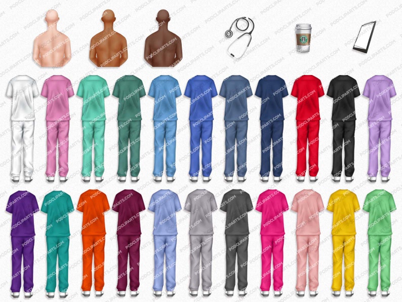 May include: A set of 24 medical scrubs in a variety of colours, including white, pink, teal, blue, red, black, purple, orange, maroon, light blue, grey, pink, and yellow. The scrubs are all the same style, with a short-sleeved top and long trousers.