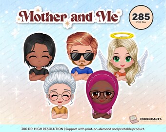 Chibi Mother Daughter and son clipart PNG, Cute Like Mother Like Daughters Clipart, family clipart, Mother's day, grandmother custom - CA317