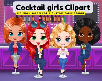 Best Friends Chibi Cocktails Clipart,Besties Clipart,Fashion Girls Clipart,Girl Sitting,Soul Sisters,cocktails girl,Best friend clipart-CA81