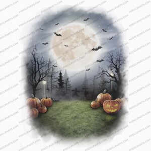 May include: A Halloween scene with a full moon, bats flying in the sky, and a spooky forest. There are orange pumpkins with carved faces in the foreground.