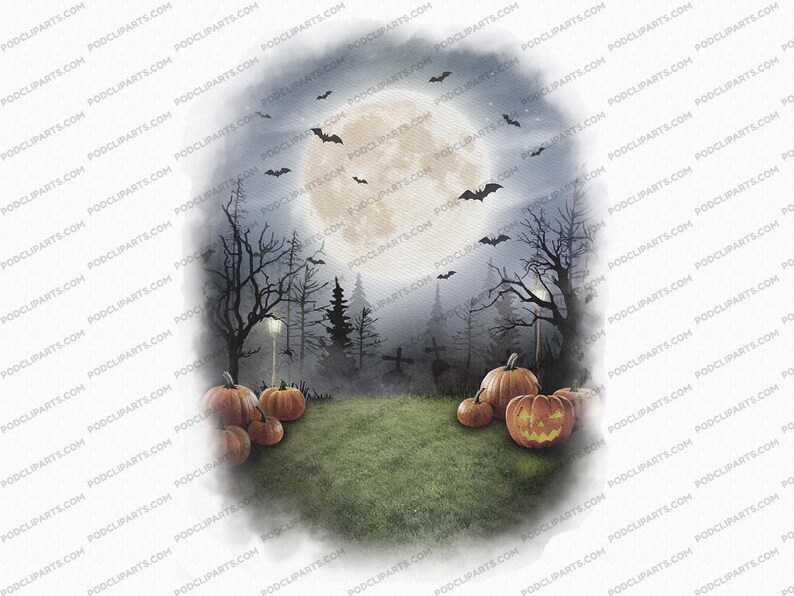 May include: A Halloween scene with a full moon, bats flying in the sky, and a spooky forest. There are orange pumpkins with carved faces in the foreground.