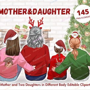 Christmas Mother Daughter Clipart PNG, Mom Daughter Clipart, Best Mom portrait,Black Mother Clipart, Mother’s Day digital download PNG-CA136