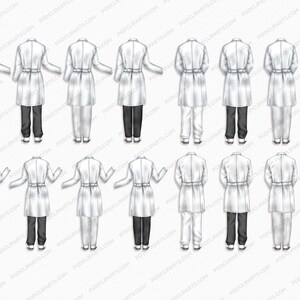 May include: A set of 16 illustrations of a white lab coat with different poses. The lab coats have a belt and long sleeves. Some of the illustrations show the lab coat with trousers and some with a skirt.