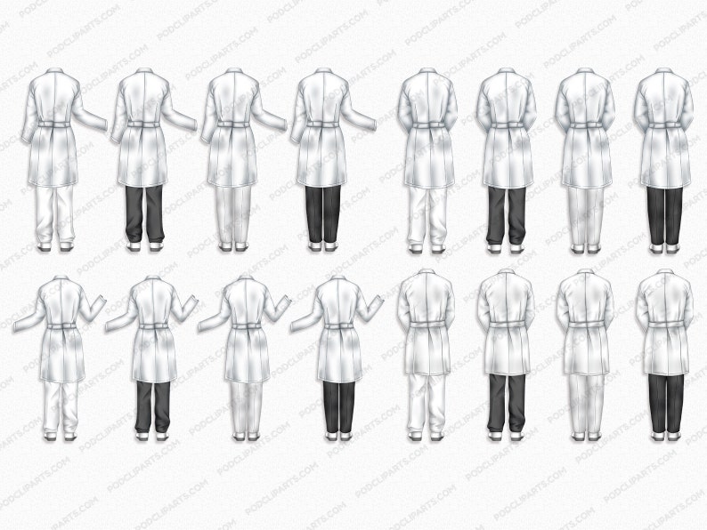 May include: A set of 16 illustrations of a white lab coat with different poses. The lab coats have a belt and long sleeves. Some of the illustrations show the lab coat with trousers and some with a skirt.