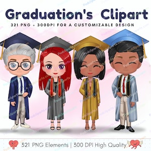 Abschluss-Clipart-Png, Abschluss-Chibi-Zeremonie-Grafik, Abschlusskappen, weibliche Aquarell-Cartoon-Universitätsabsolventenkarte 2024 – CA456