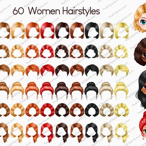 May include: Sixty different women's hairstyles in various colors, including blonde, brown, red, and black. The hairstyles are shown on a white background.