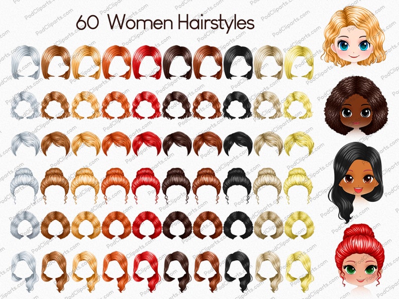 May include: Sixty different women's hairstyles in various colors, including blonde, brown, red, and black. The hairstyles are shown on a white background.