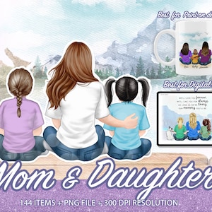 Mother&#39;s Day Clipart, Mom and Daughter Clipart, Sitting Family, Mom Clipart, Custom Family Portrait, Daughter Clipart, Best Mom Clipart-CA55