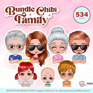 Bundle Chibi Family Clipart PNG, Custom Big Family Portrait, Mom Dad Daughter Son baby grandma and grandpa for personalized design - CA314