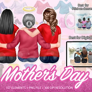 Mom and Daughter Clipart, Mother&#39;s Day Clipart, Sitting Family, Elderly Mother,Custom family clipart,Daughter Clipart,Best Mom Clipart-CA54