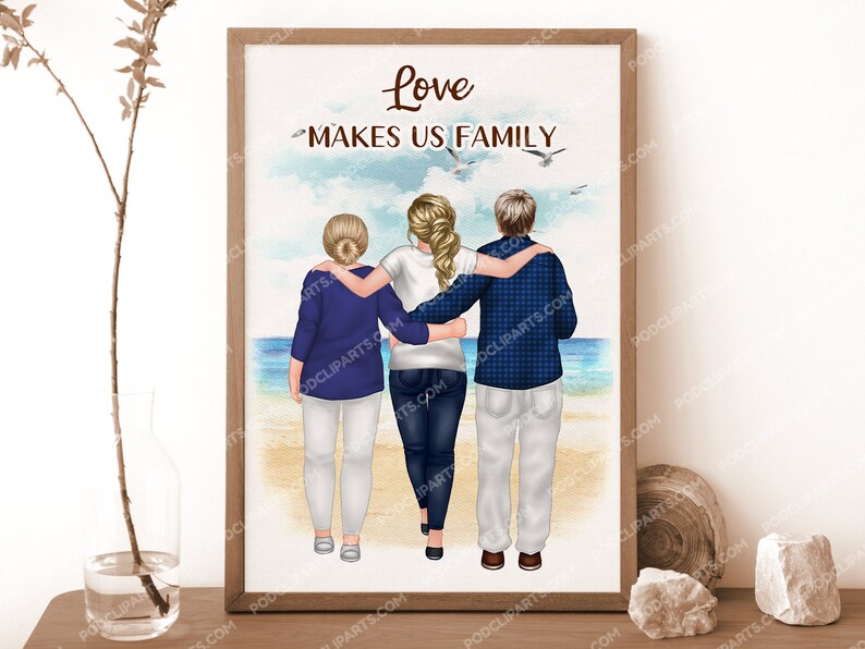 May include: A watercolour illustration of a family of three walking on a beach. The text "Love Makes Us Family" is written above them. The family is made up of two women and one man, all with blonde hair. The women are wearing blue shirts and white trousers, while the man is wearing a blue and white checked shirt and white trousers.