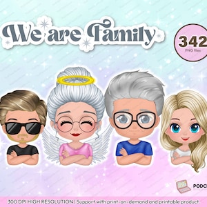 Bundle Chibi Family Clipart PNG, Portrait de famille personnalisé, Père Mère Fille, Fils, Vieille femme et vieillards pour un design personnalisé - CA316