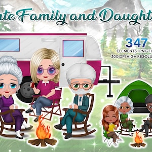 Chibi Family Camping with Daughter Clipart PNG, Oldman and Oldwoman people clipart, Grandparent graphics outdoor Customizable - CA309