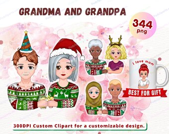 Großeltern Weihnachten Clipart PNG, Cocktail Familie Clipart, kommerzielle Nutzung, Großvater Großmutter Clipart, Großelterntag - CA386