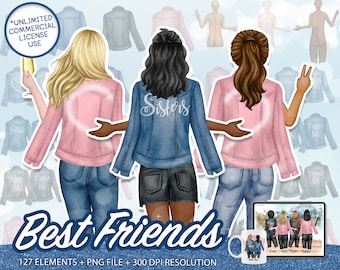 Best Friends Jackets, Best Friends Clipart, BFF Clipart, Soul Sisters Clipart, Friends Clipart, Custom Besties, Jeans Jacket Girls, PNG-CA22