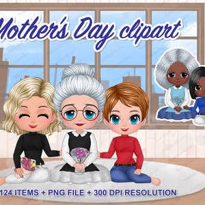 Chibi moeder en dochter zitten clipart, Moederdag schattige clipart, zoals moeder als dochters, alleenstaande moeder en ik Design PNG - CA247