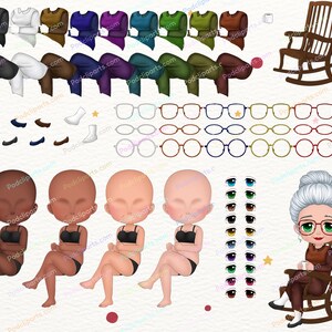 May include: A digital illustration set for creating a cartoon character. The set includes various clothing options, hairstyles, glasses, eyes, and a rocking chair. The illustration is in a cartoon style with a white background.