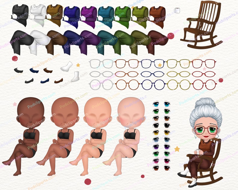 May include: A digital illustration set for creating a cartoon character. The set includes various clothing options, hairstyles, glasses, eyes, and a rocking chair. The illustration is in a cartoon style with a white background.