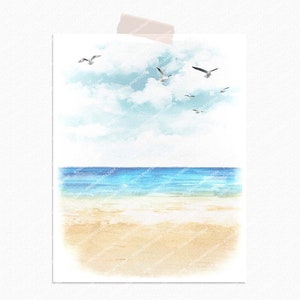 May include: A watercolour painting depicting a beach scene with a blue sky, white clouds, and seagulls flying overhead. The ocean is a light blue colour and the sand is a light yellow colour.