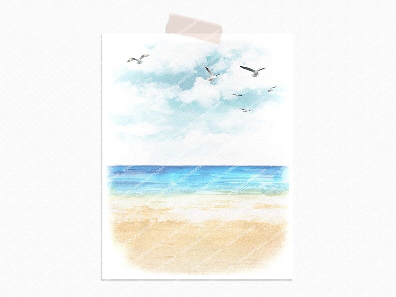 May include: A watercolour painting depicting a beach scene with a blue sky, white clouds, and seagulls flying overhead. The ocean is a light blue colour and the sand is a light yellow colour.