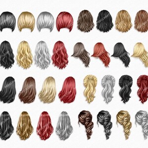 May include: A set of 40 digital illustrations of different hairstyles for women. The hairstyles are drawn in a cartoon style and feature various colors, including brown, black, blonde, red, and gray.