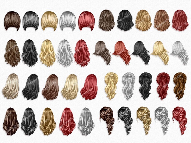 May include: A set of 40 digital illustrations of different hairstyles for women. The hairstyles are drawn in a cartoon style and feature various colors, including brown, black, blonde, red, and gray.