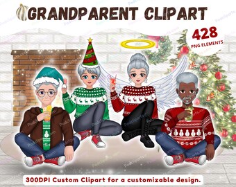 Großeltern Weihnachten Clipart PNG, Familie Clipart, kommerzielle Nutzung, Großvater Clipart, Großmutter Clipart, Großelterntag - CA366