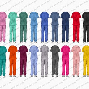 Pu&ograve; includere: Venti scrub di colori diversi, ognuno con una parte superiore a maniche corte e pantaloni abbinati. I colori includono bianco, rosa, verde acqua, verde, blu, rosso, nero, viola, arancione, granata, azzurro, grigio, rosa acceso, pesca, giallo, verde lime, grigio scuro, blu navy e lilla chiaro.