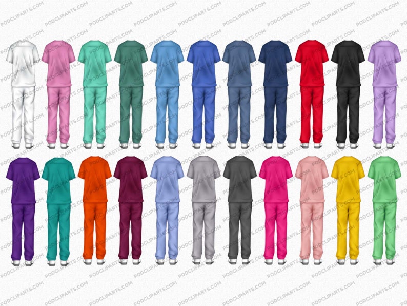 Pu&ograve; includere: Venti scrub di colori diversi, ognuno con una parte superiore a maniche corte e pantaloni abbinati. I colori includono bianco, rosa, verde acqua, verde, blu, rosso, nero, viola, arancione, granata, azzurro, grigio, rosa acceso, pesca, giallo, verde lime, grigio scuro, blu navy e lilla chiaro.