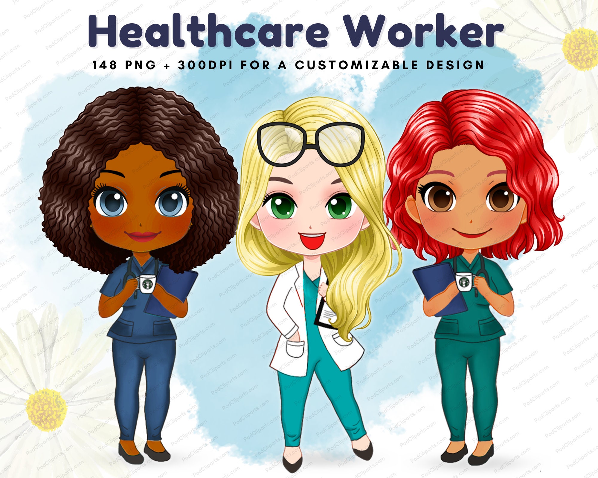 Nurse Chibi Clipart, Nurse Clipart, African American Nurse, Medical Scrubs  Fashion Clipart, Curvy Nurses, Healthcare Clipart,nurse PNG-CA101 - Etsy, image size:2000x1600