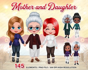 CUTE Chibi Like Mother Like Daughters Clipart PNG, Mother's day, daughter clipart, mom clipart, family clipart, Personalized family - CA265