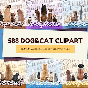 588 Mega hond en kat clipart bundel, aquarel kat en hond met verschillende rassen achteraanzicht zitten png, gedenkteken personaliseren png - CA173