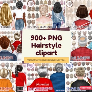 909+ Mega hairstyle for women and men clipart bundle, watercolour illustration back of hair clipart for customize women clip art PNG - CA174