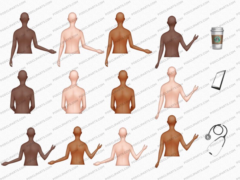 Pu&ograve; includere: Tre viste posteriori di una persona con diversi toni della pelle, con le braccia distese. La persona indossa un body color carne. L'immagine include anche una tazza di caff&egrave;, un tablet e uno stetoscopio.