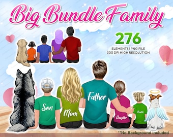 Family Sitting Portrait Clipart Dog Best Friends PNG, Mom, Dad, Kids,brother, sister, fathers day,mothersday Personalized DIY - CA167
